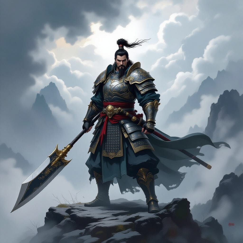 Stoic Warrior on Misty Peak in Ancient Chinese Armor