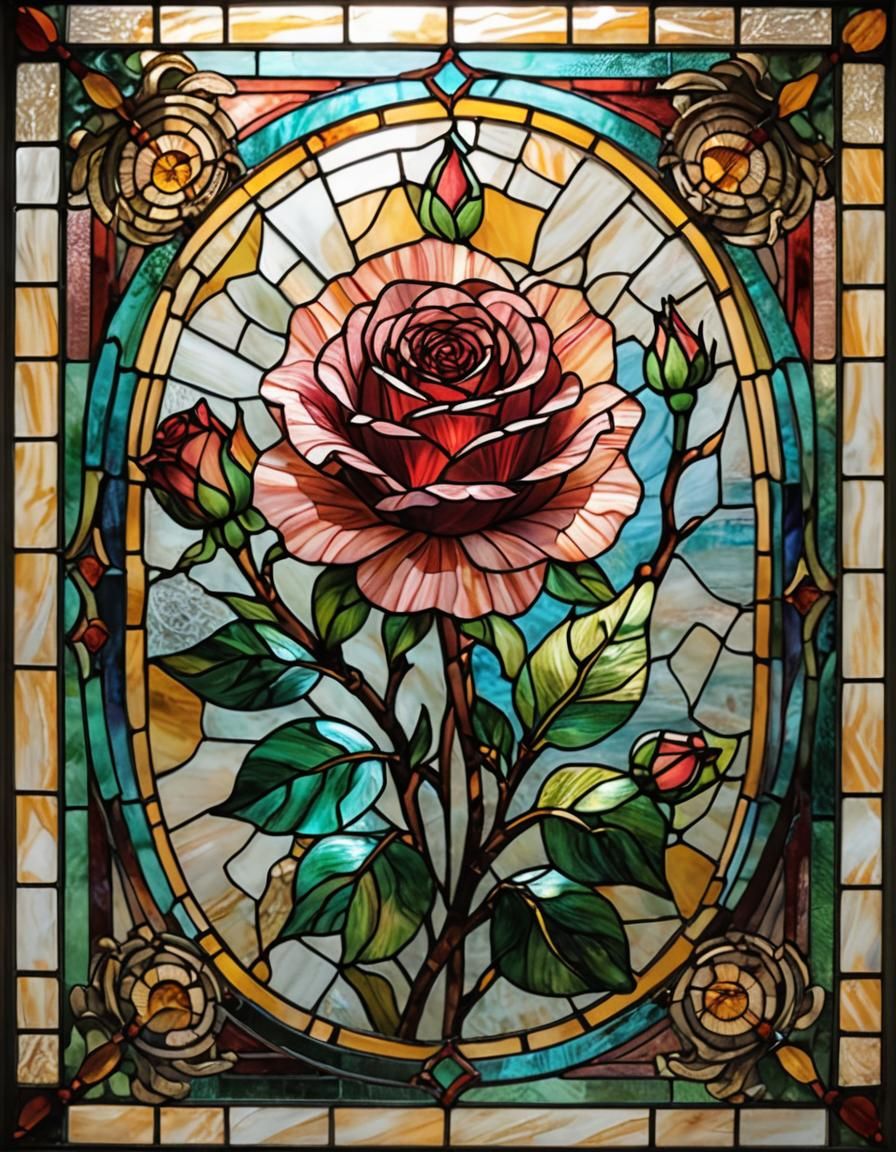 Vibrant Rose-Camellia Stained Glass Art