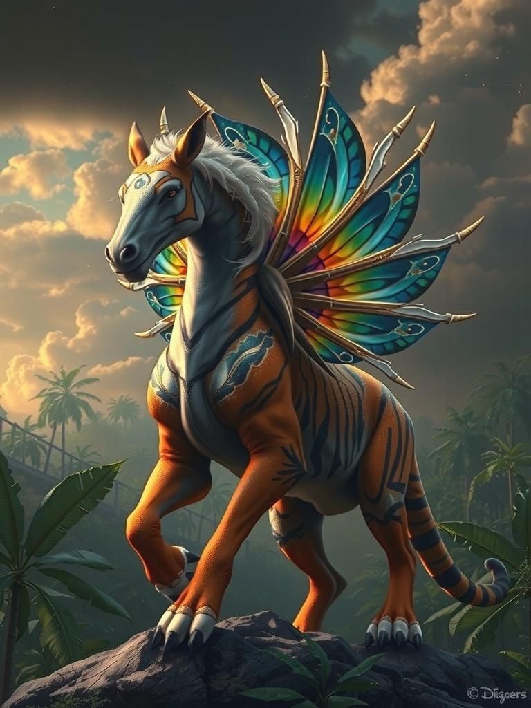 Majestic Horse-Tiger Hybrid with Iridescent Wings