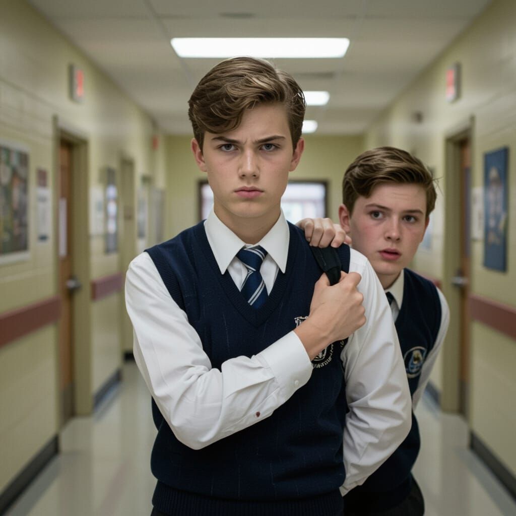 Student Confronts Bully in School Hallway Photo