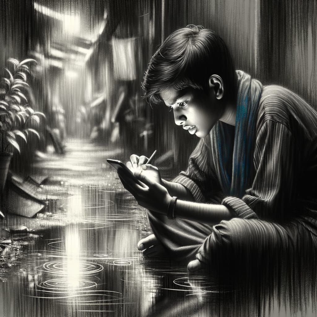 Teenage Girl in Alleyway: Charcoal Rendering