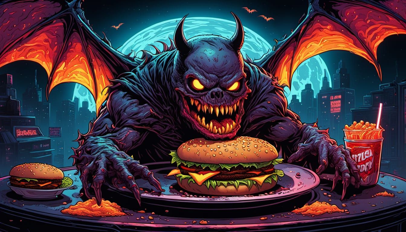 Winged Monster Burger in Fluro Zombiecore Comic Art