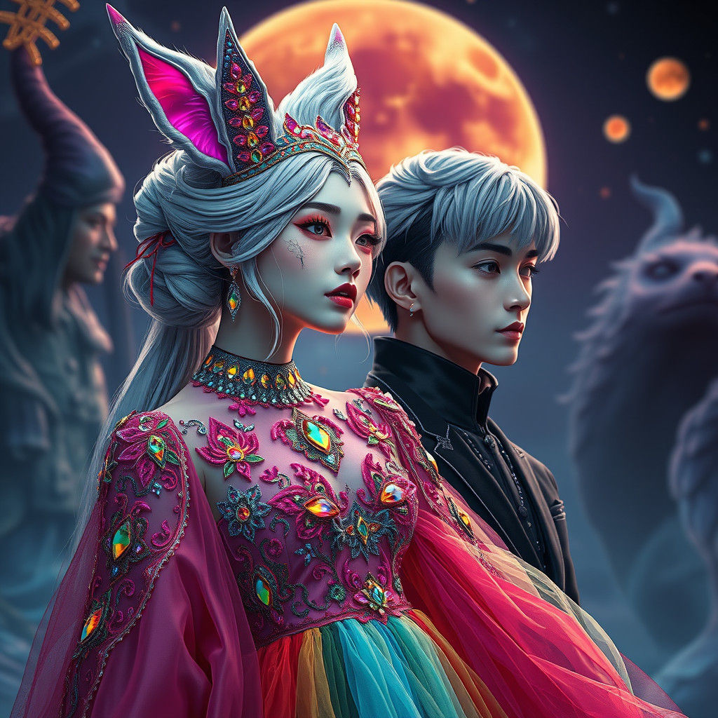 Korean Vampire Queen in Rainbow Dress, Fantasy Art
