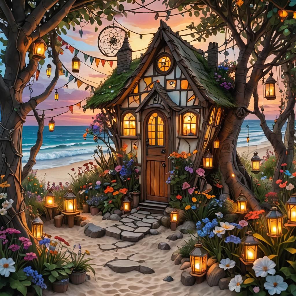 Magical Beach Cottage at Sunset in Fantasycore Style