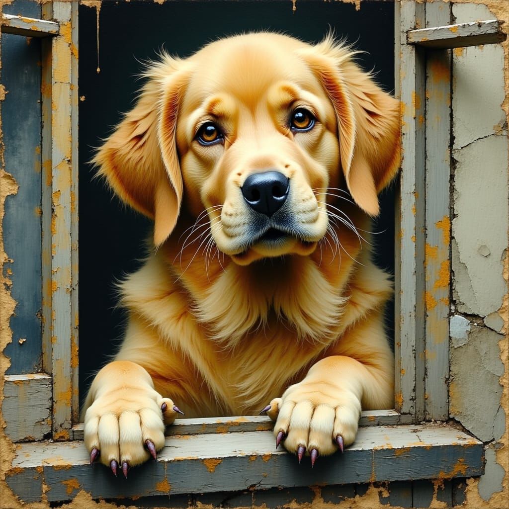 Golden Retriever Gazing Through Window in Watercolor