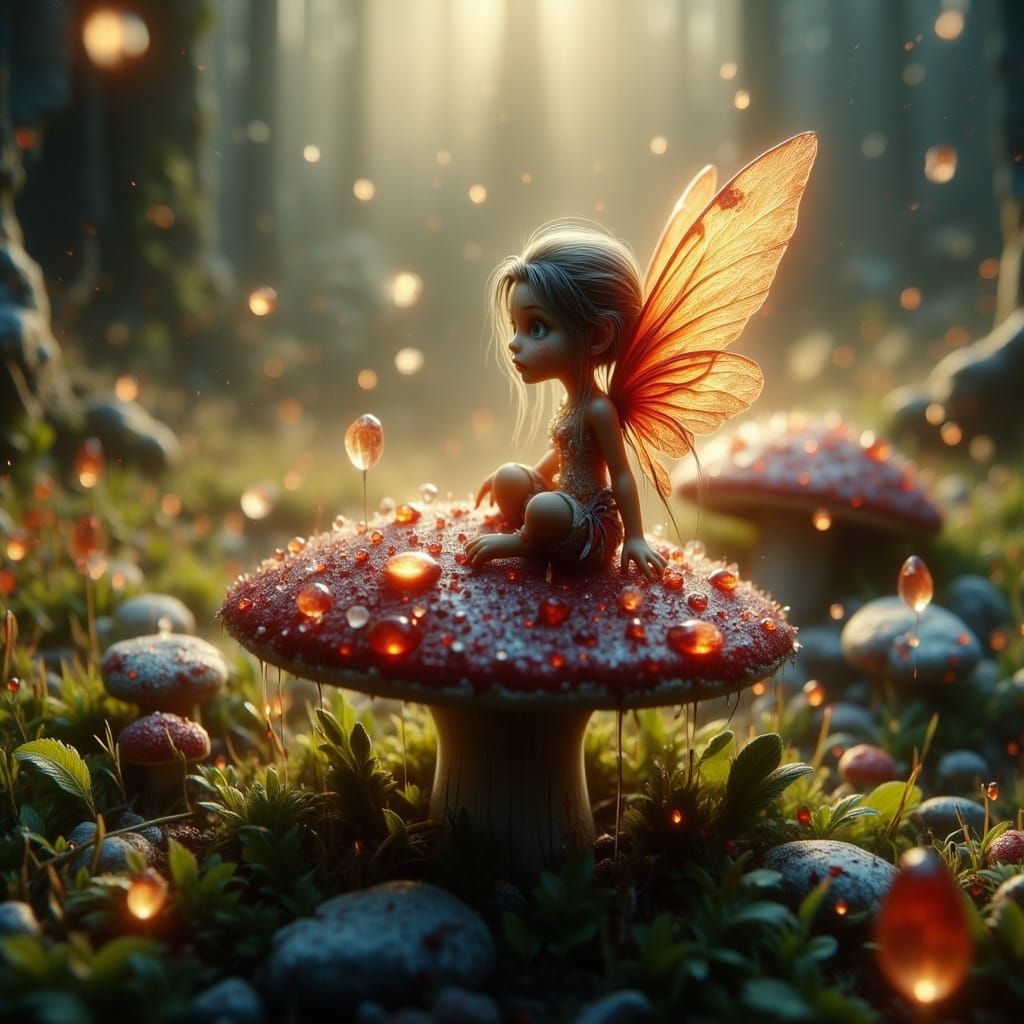 Macro Fairy on Mushroom Reflecting Morning Light