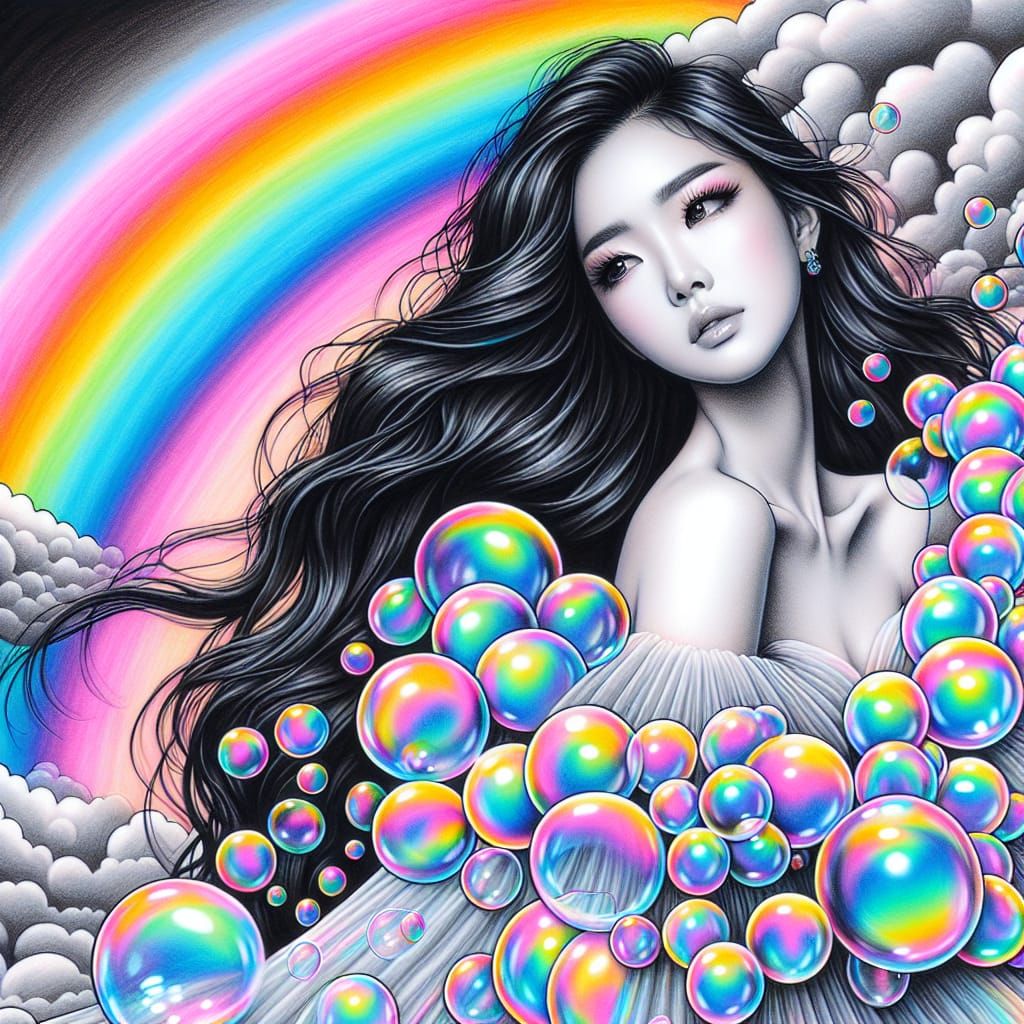 Woman in Iridescent Bubble Dress, Pastel Marker Art
