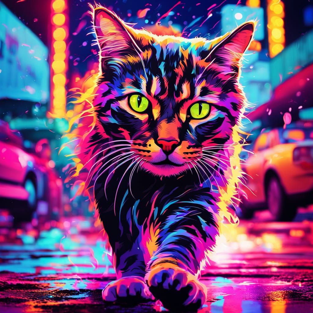 Neon Vegas Cat on Electrifying Street