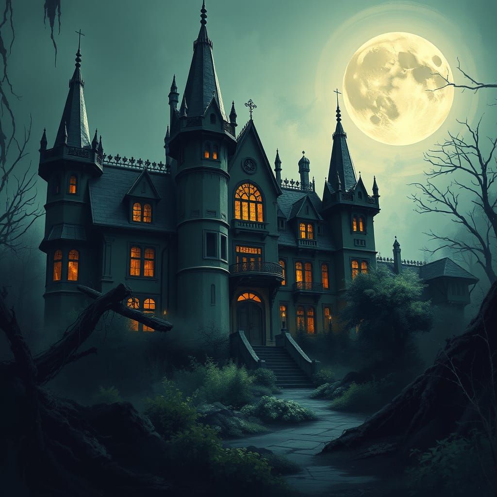 Mysterious, Abandoned Mansion Under the Moonlight