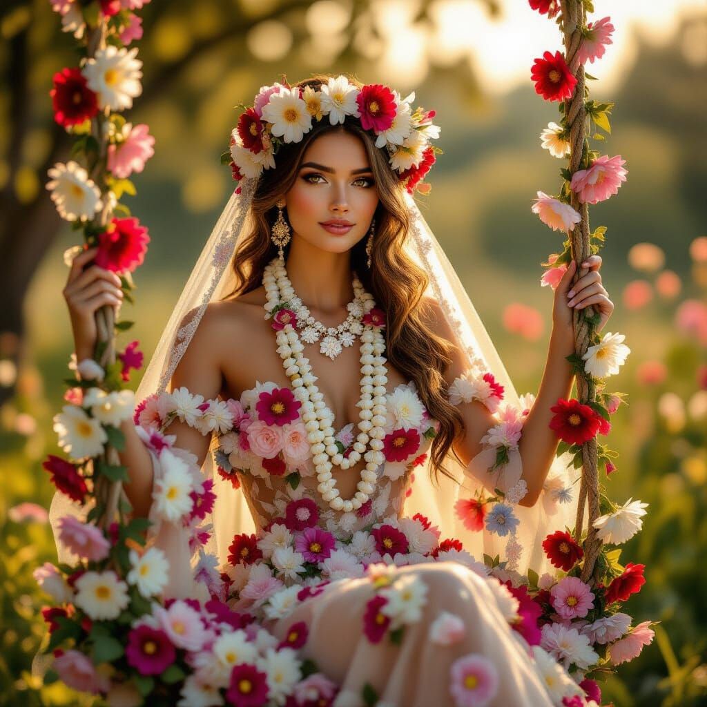 Flower Goddess Seated on Swing in Golden Hour Light