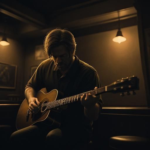 Man Plays Guitar in Dim Bar with Golden Light