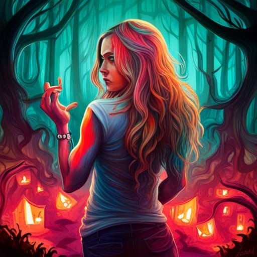 Colorful Graffiti Woman in Spooky Forest Art