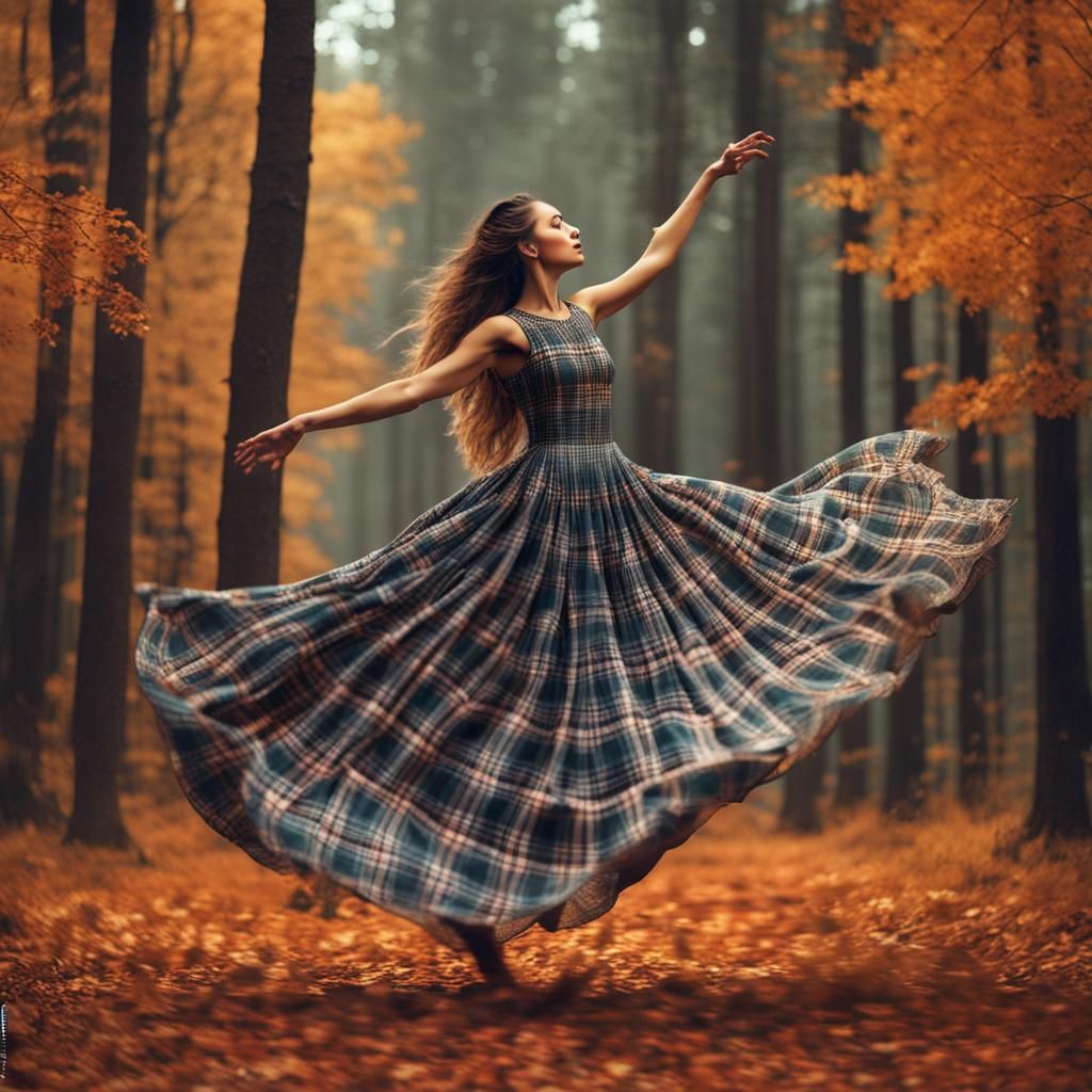 Ethereal Dancer in Autumn Forest, Flowing Plaid Dress