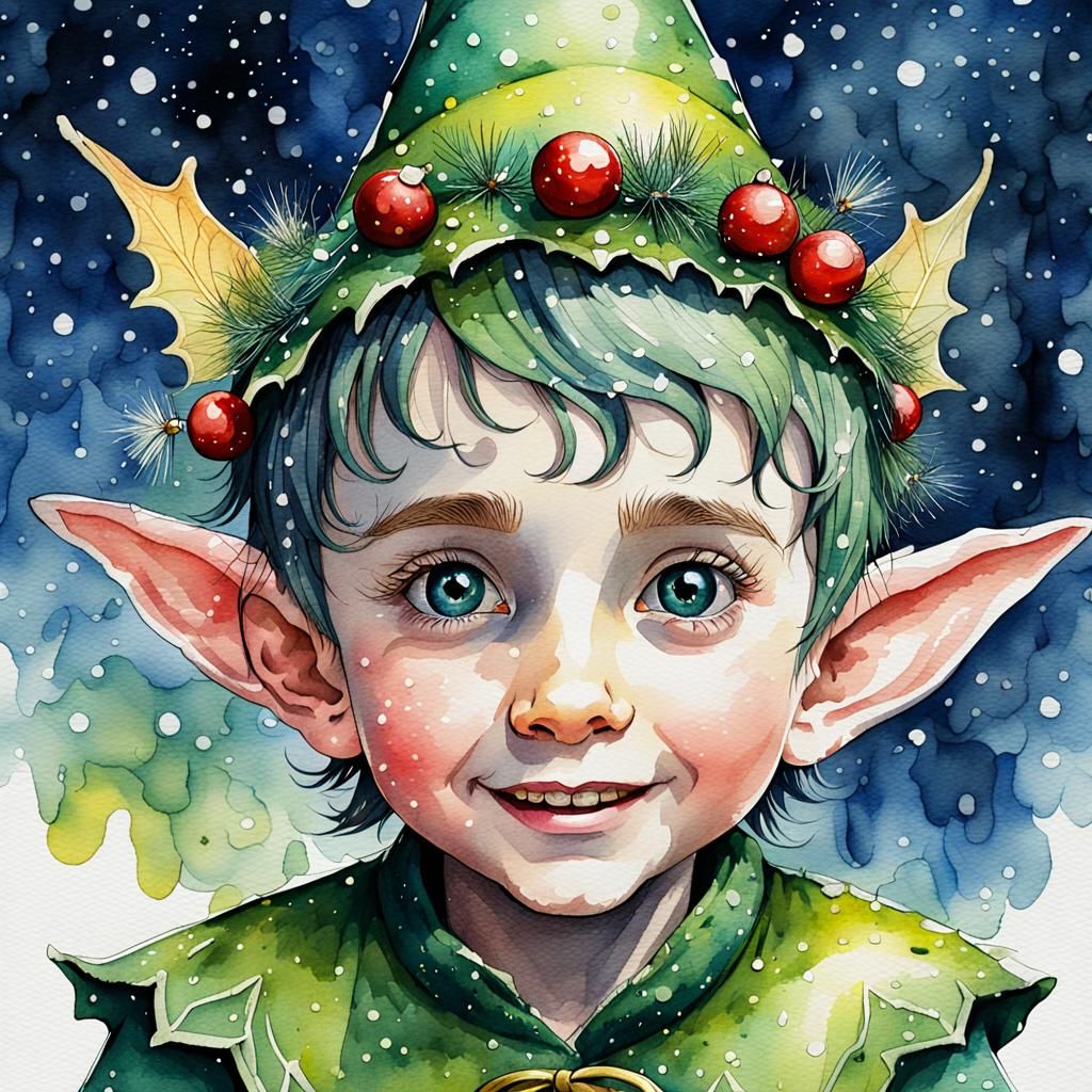 Christmas Fairy Elf Girl in Watercolor Ink Style