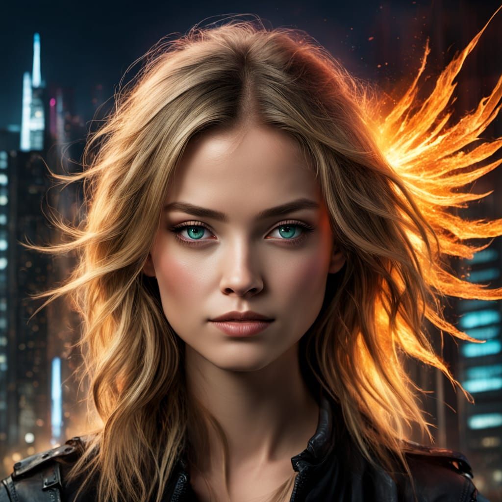 Cyberpunk Phoenix Soaring Through Futuristic City