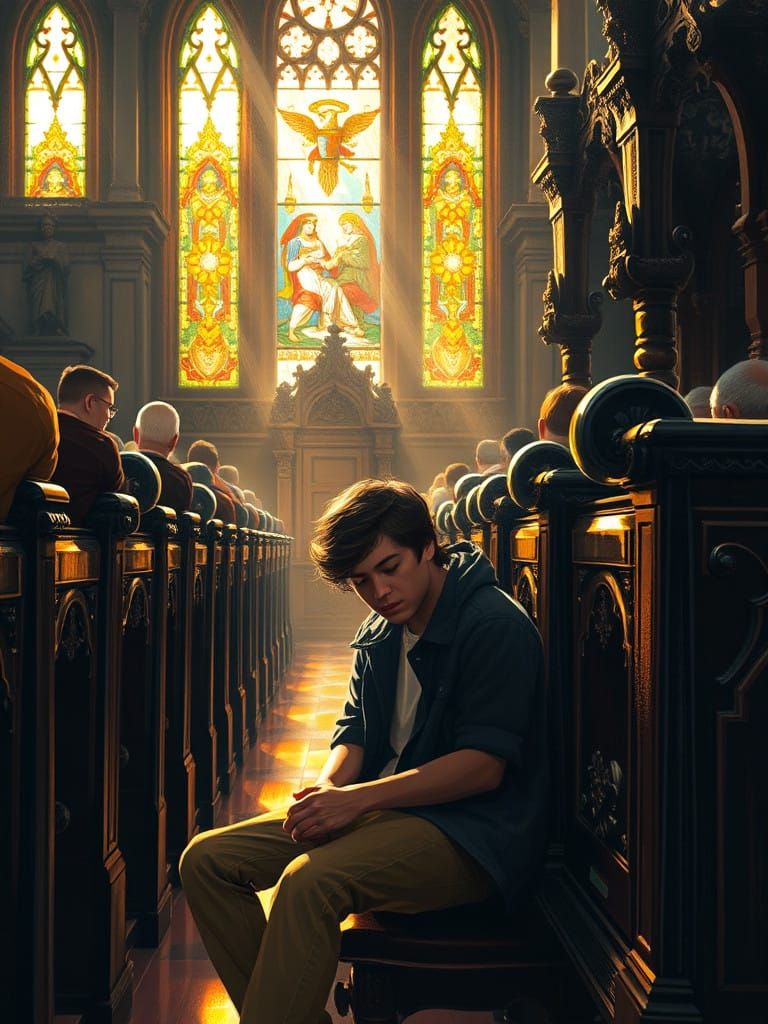 Student in a Historic Church with Ornate Carvings and Staine...