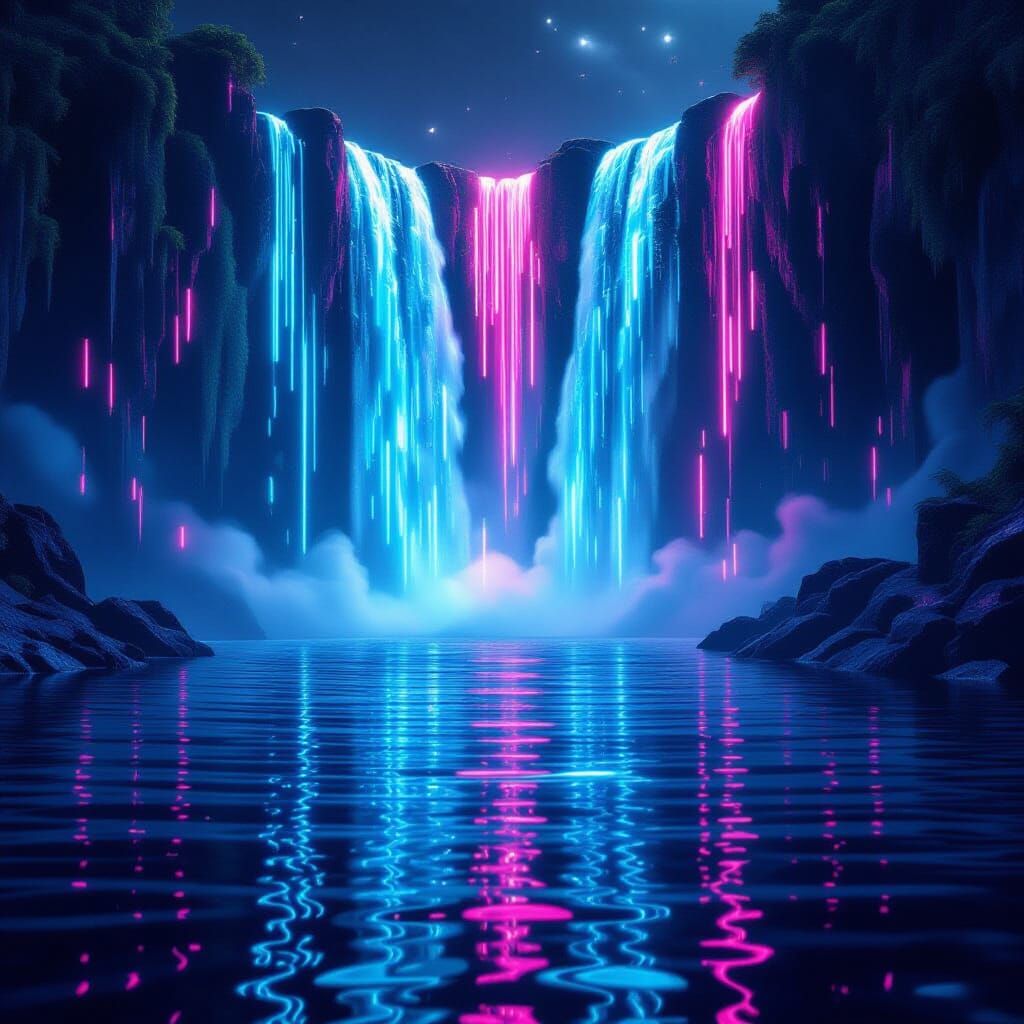 Neon Circuit Waterfall in Digital Matte Painting Style