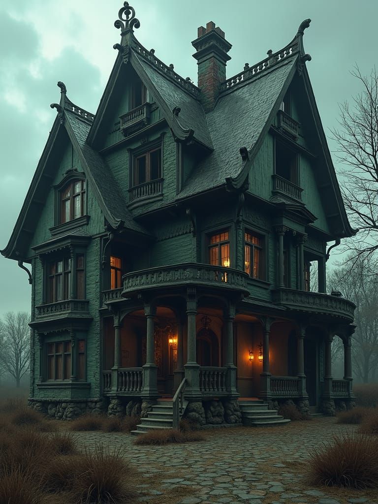 Nouveau Architecture Horror House in Dark, Sinister Realism