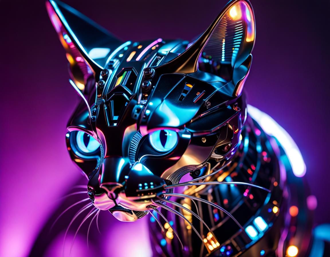 Cyberpunk Holographic Cat with Glowing Eyes