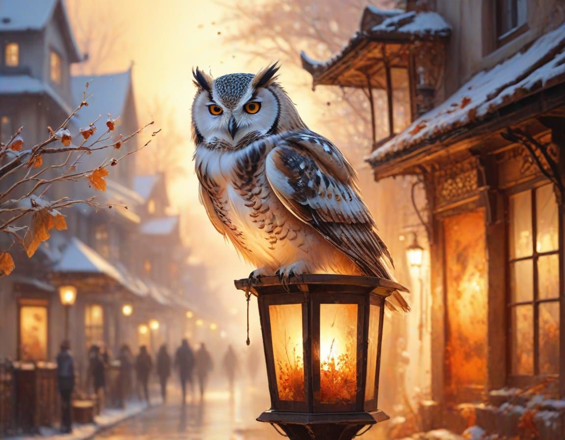 Winter Owl on Autumn Street in Watercolor Style