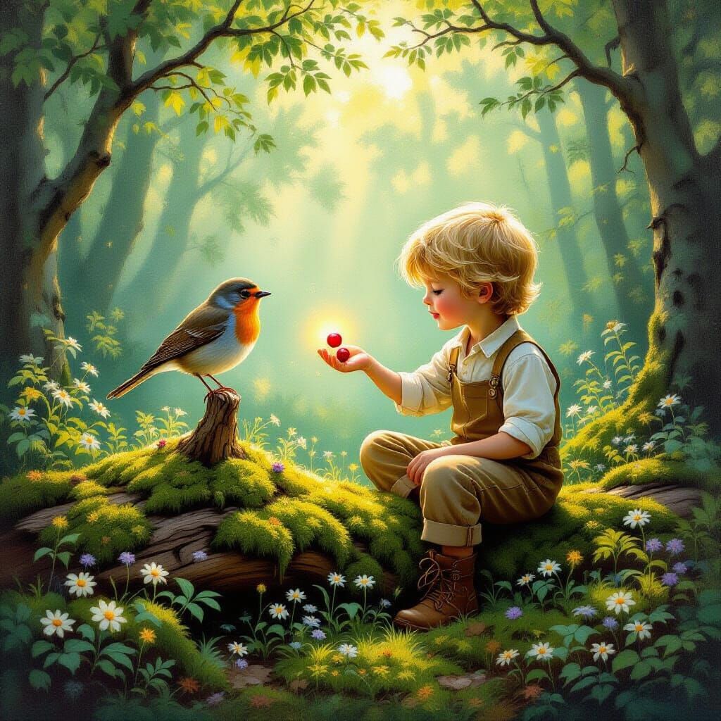 Boy Offers Glowing Berry to Robin in Enchanted Forest