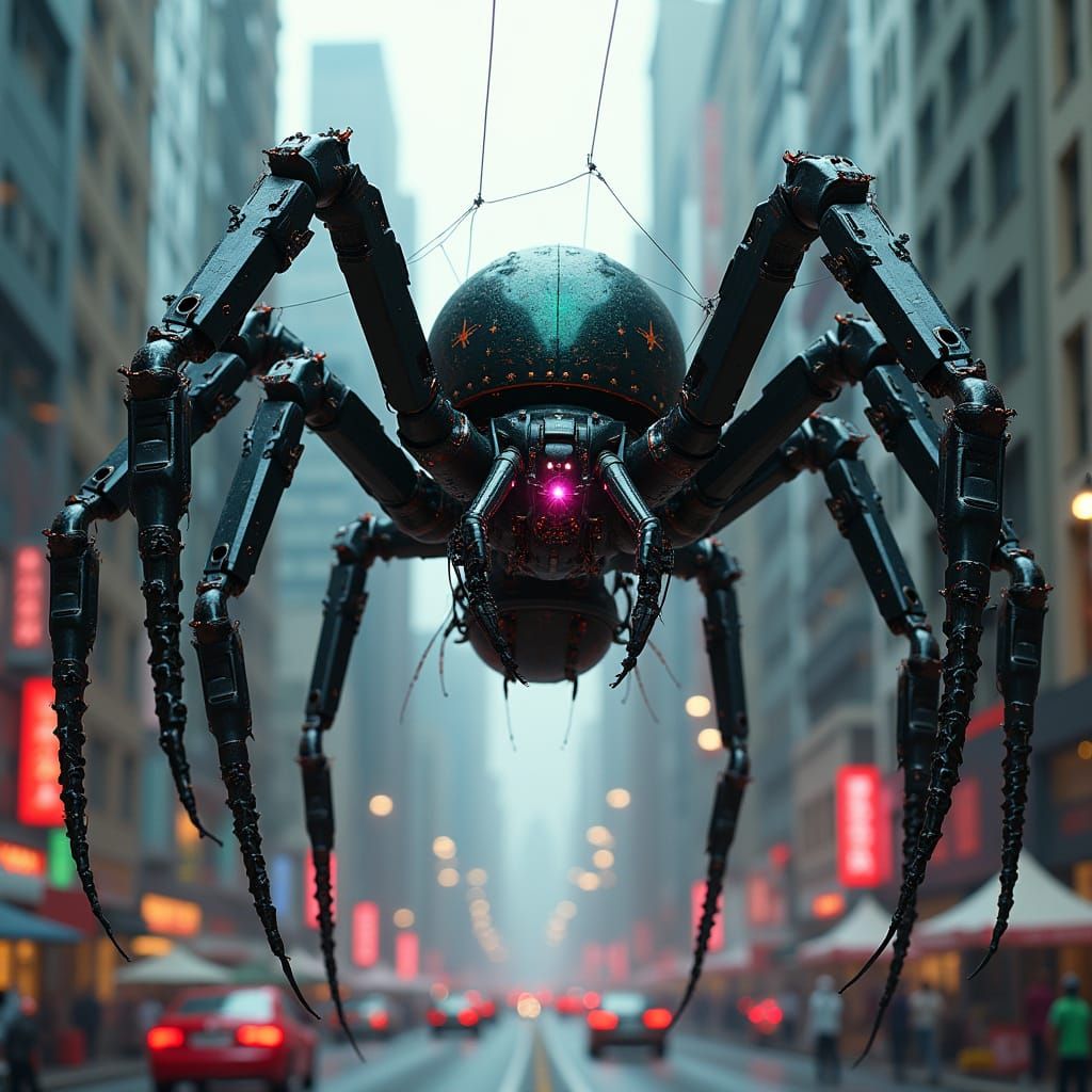 Biomechanical Black Widow Weaving Web Between Skyscrapers