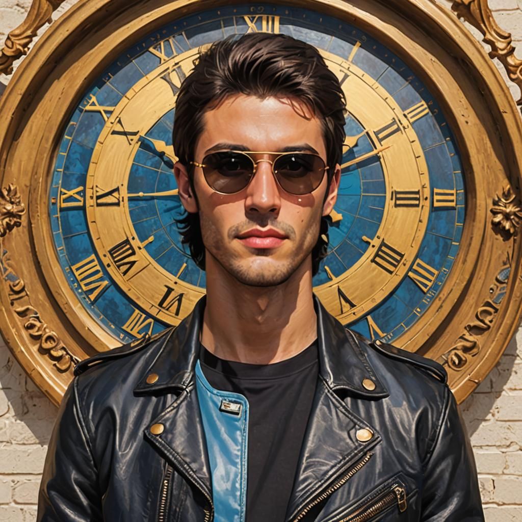 Young Man in Leather Jacket with Clock Background