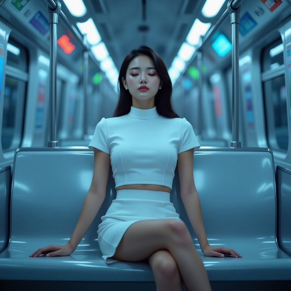 Sleek Korean Woman Sleeping in Cyberpunk Subway