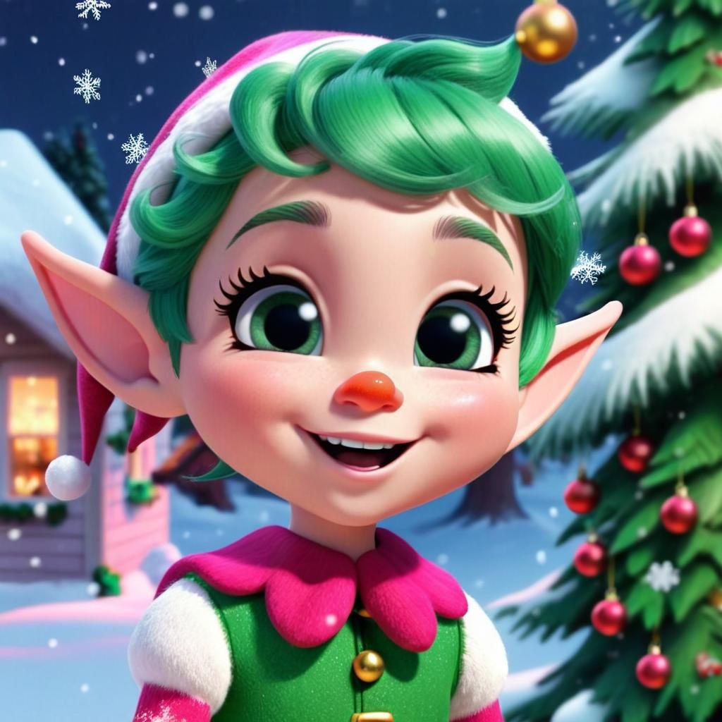 Chibi Christmas Elf with Snowflakes in Pixar Style