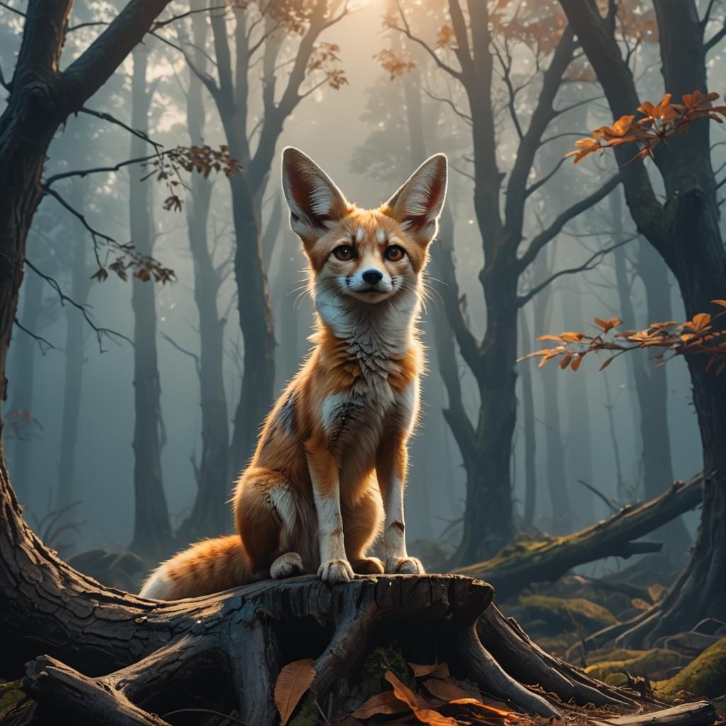 Fennec Fox in Misty Forest: Digital Matte Painting