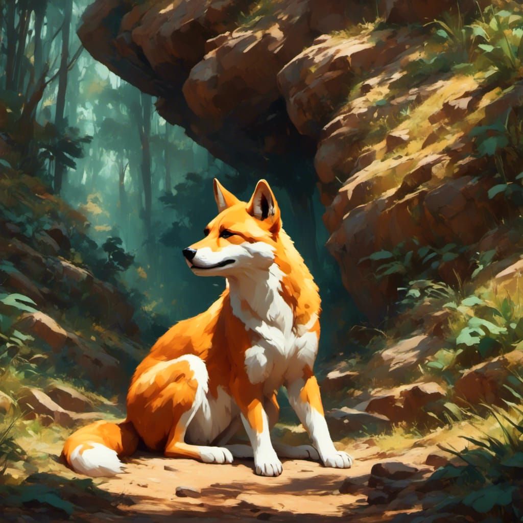 Dingo Resting in Shade with Rough Stroke Technique