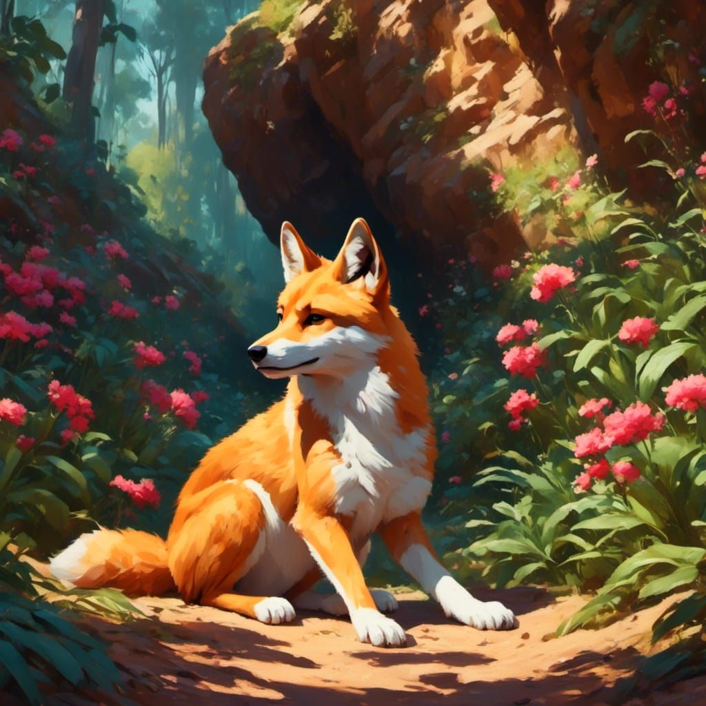 Dingo Resting in Shade with Rough Strokes