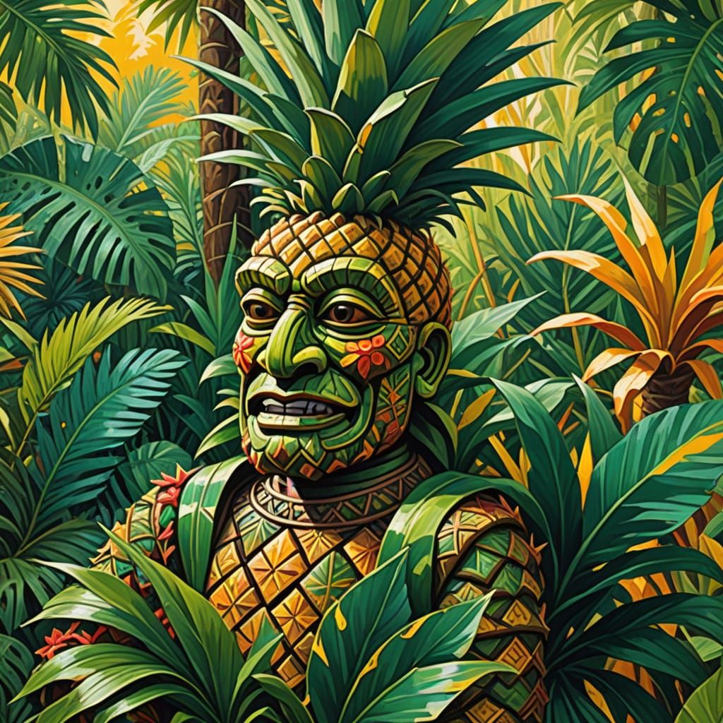Tropical Tiki Pineapple God in a Vibrant Jungle