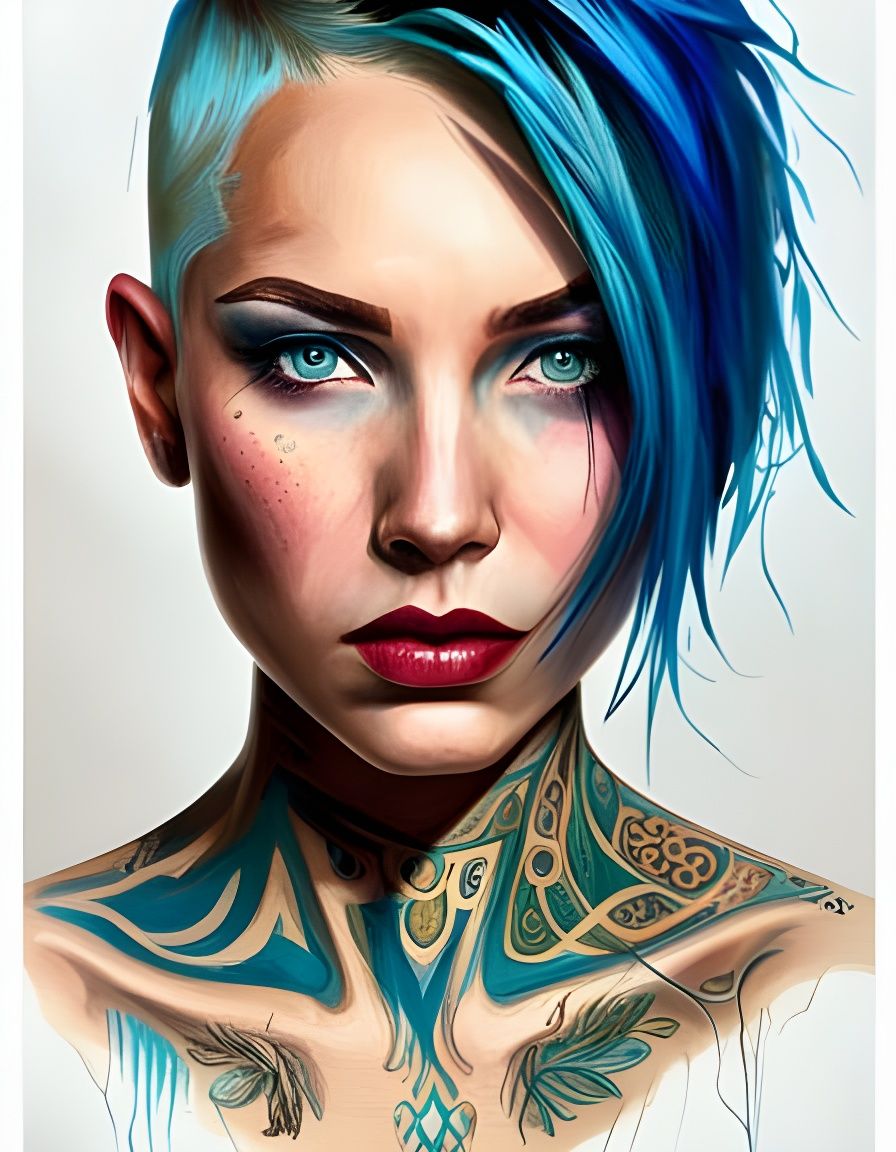 Tattooed Woman with Punk Buzz Cut in Hyperrealistic Style