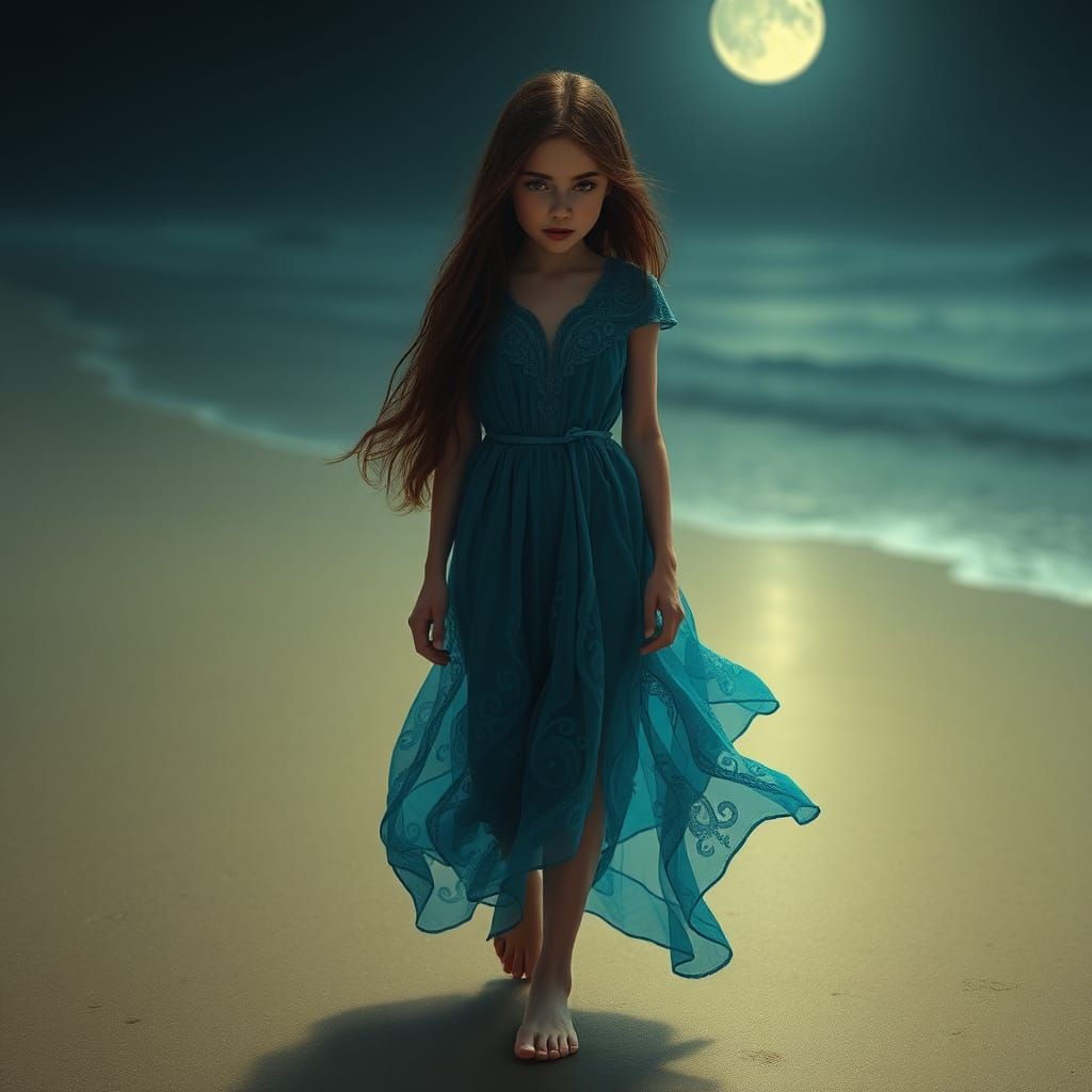 Enchanting Girl on Moonlit Beach, Hyper-Realistic Style