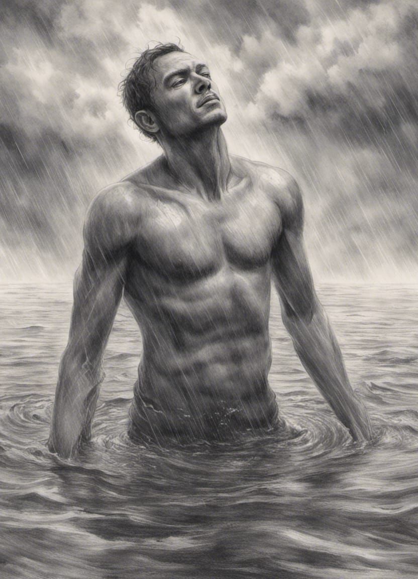 Man Drowning in Storm, Hyperdetailed Charcoal Drawing