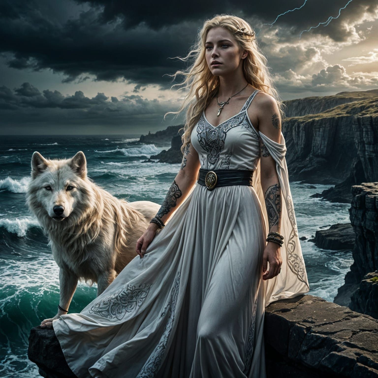 Celtic Blond Druidess Stands Guard Over Wild Sea with White ...