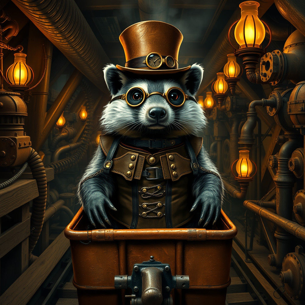 Steampunk Badger Adventurer in Gold Mine Tunnel