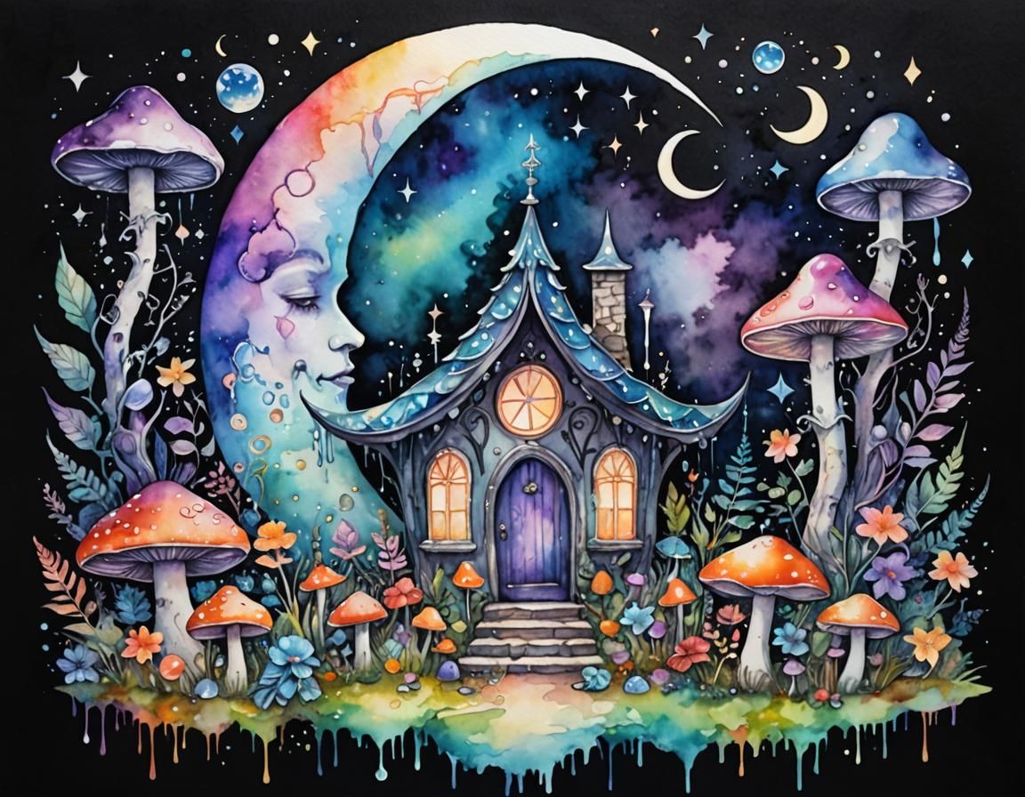 Iridescent Pagan Home Watercolour with Crystal Moon