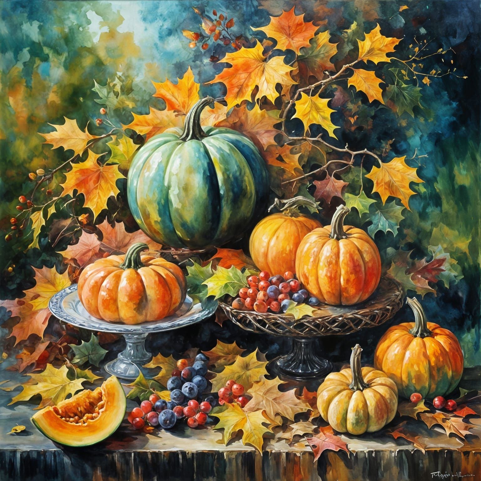 Enchanting Autumn Table Setting as Watercolor Painting