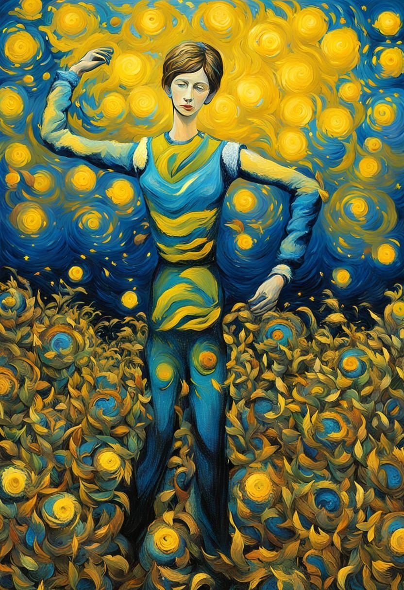 Woman in Sunflower Field Under Starry Sky as Impasto Paintin...