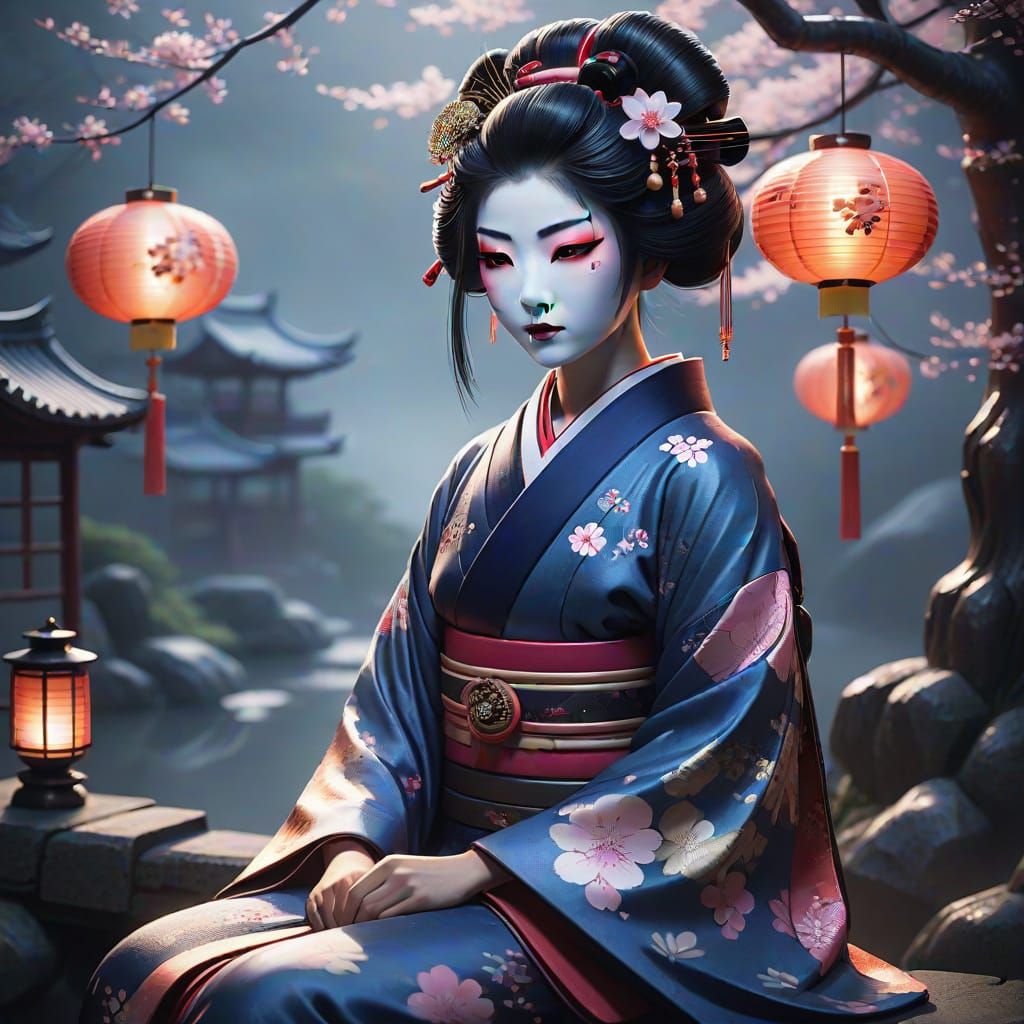 Mysterious Geisha in a Misty Japanese Garden