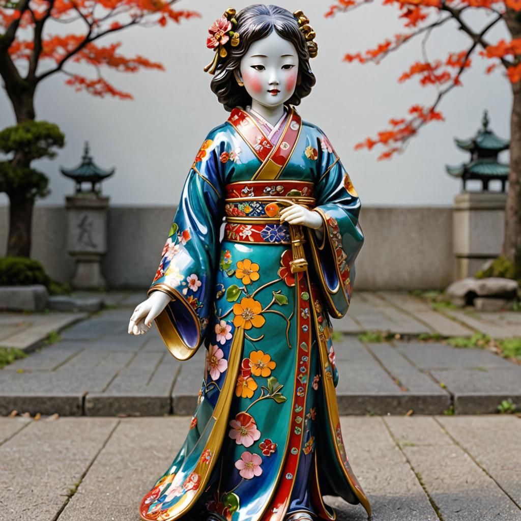 Art Nouveau Statue of Japanese Girl in Kimono