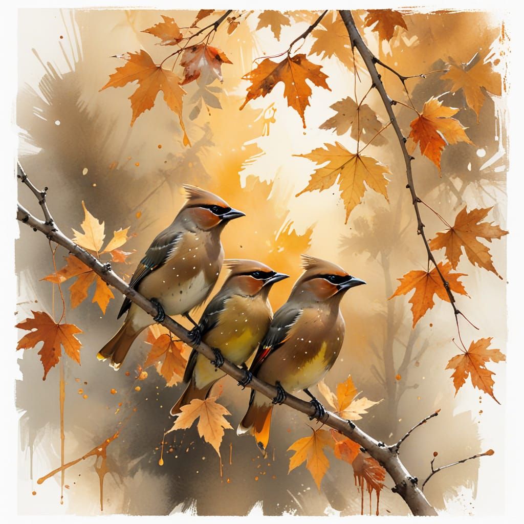 Cedar Waxwing Fledglings on Amber Maple Branch