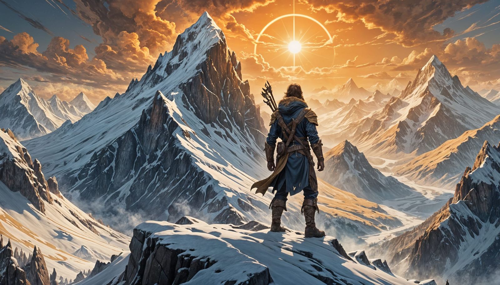 Mountain Climber's Sunrise Victory: Fantasy Concept Art