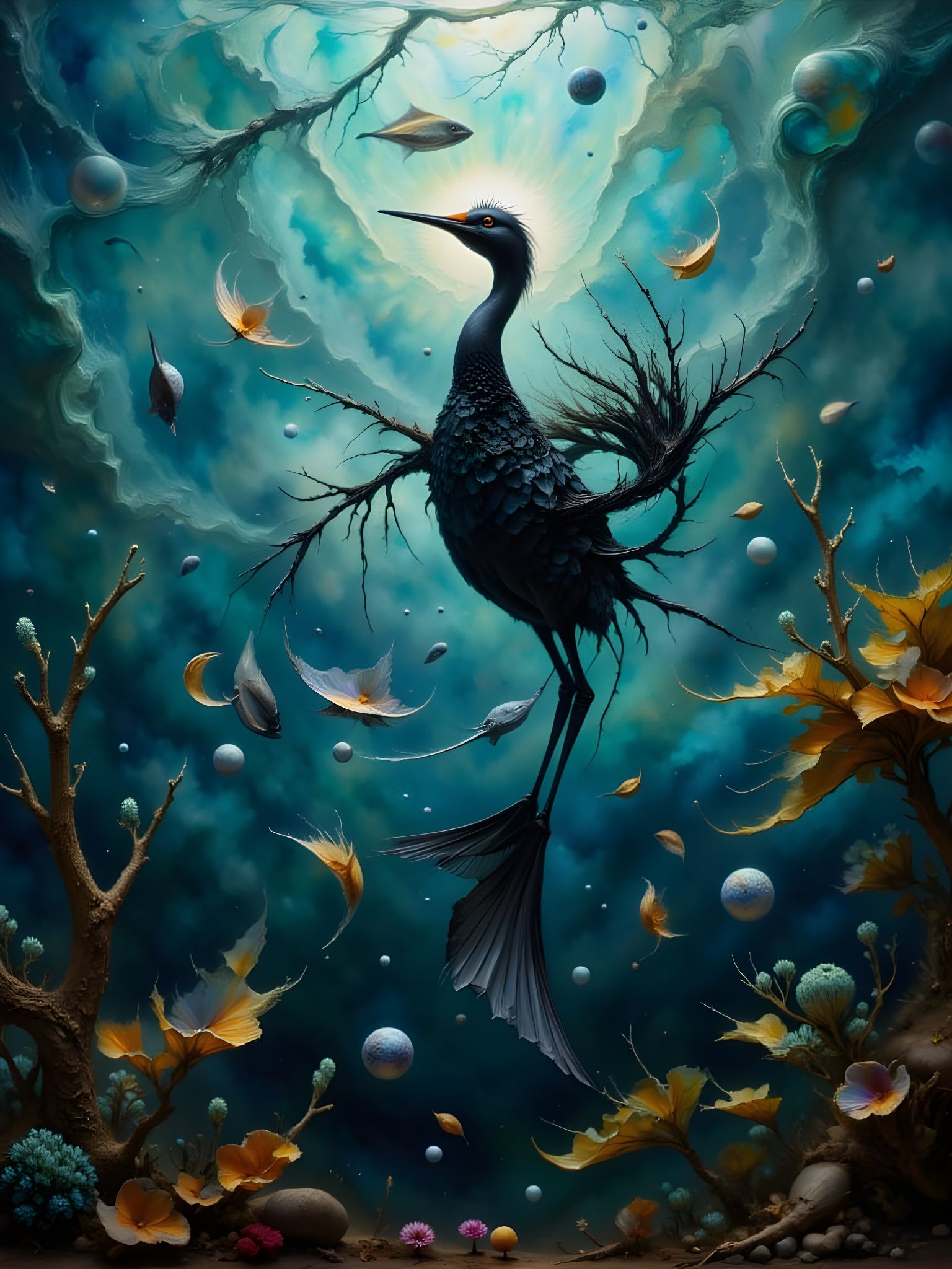 Grebe Bird Diving in Impasto Style