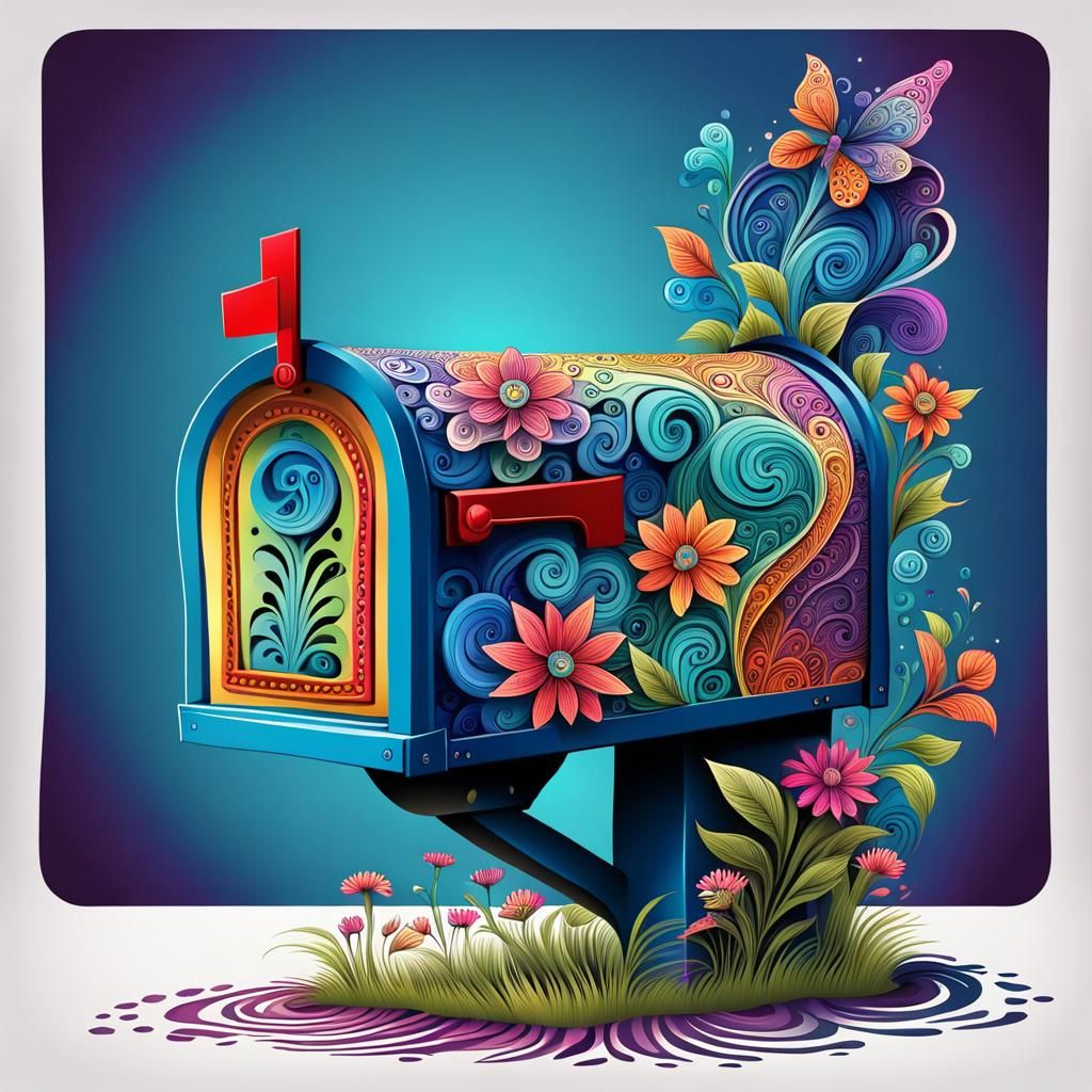 Zentangle Mailbox with Colorful Flowers and Abstract Element...