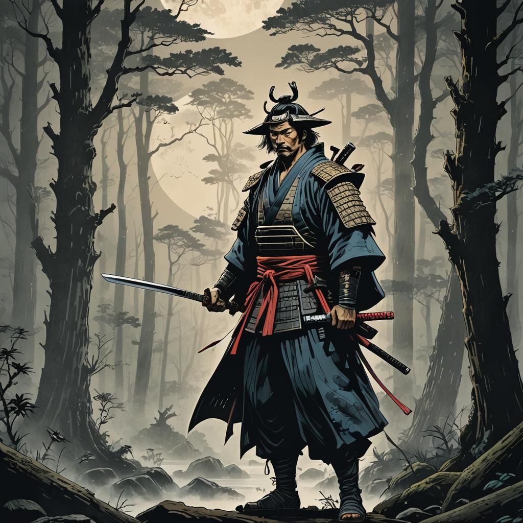 Samurai in Misty Forest, Ukiyo-e Style Comic Art