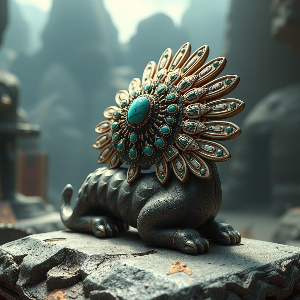 Aztec Jewel on Feathered Serpent Idol in Digital Matte Paint...