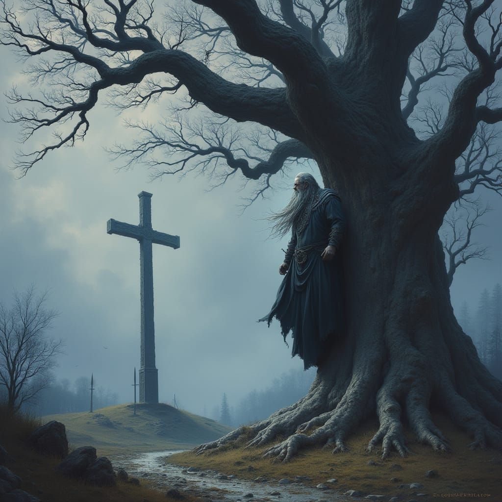 Odin Haunts a Gnarled Yggdrasil Tree, Beset by a Piercing Sp...